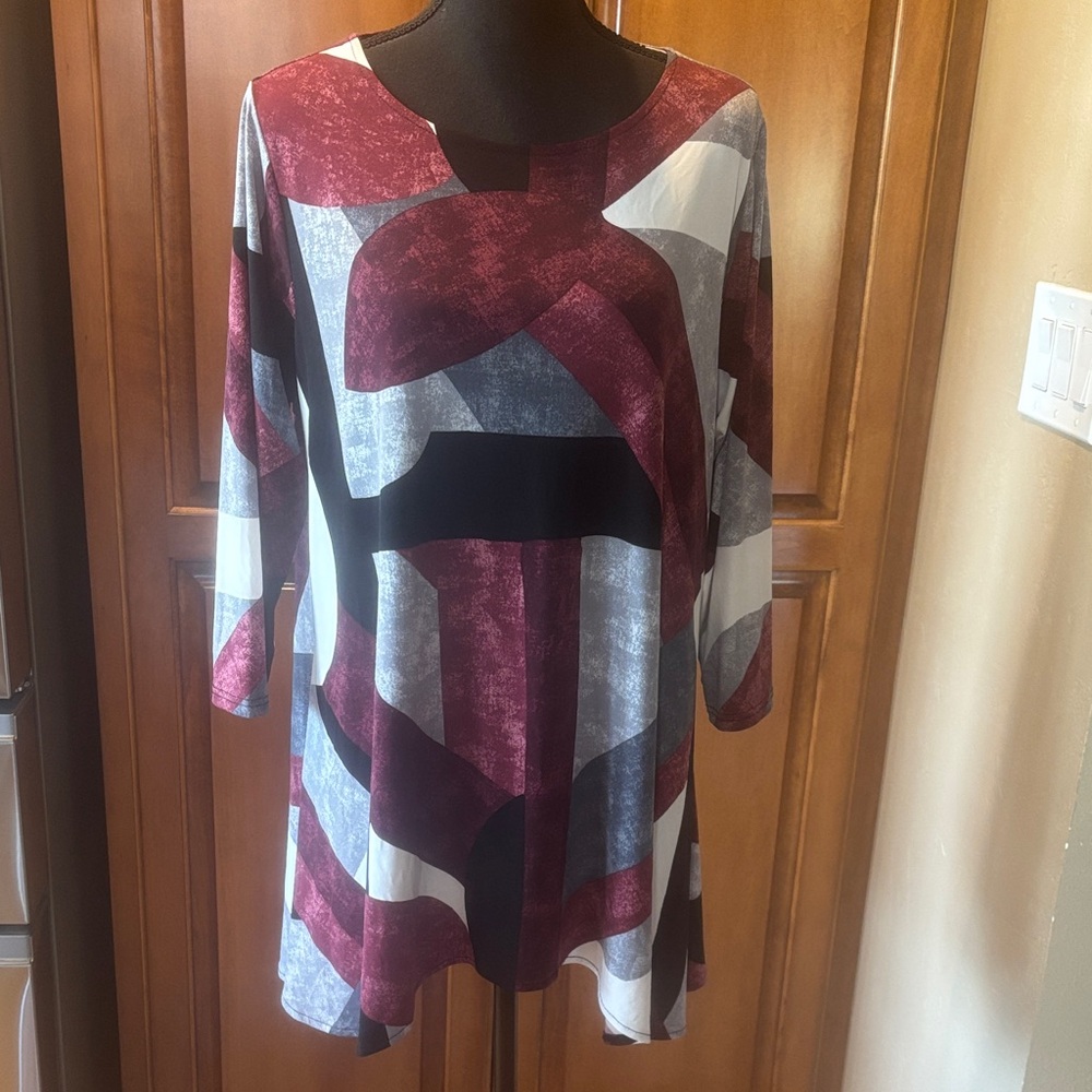Alfani Abstract Geo Tunic Top - Burgundy, Black & Gray
